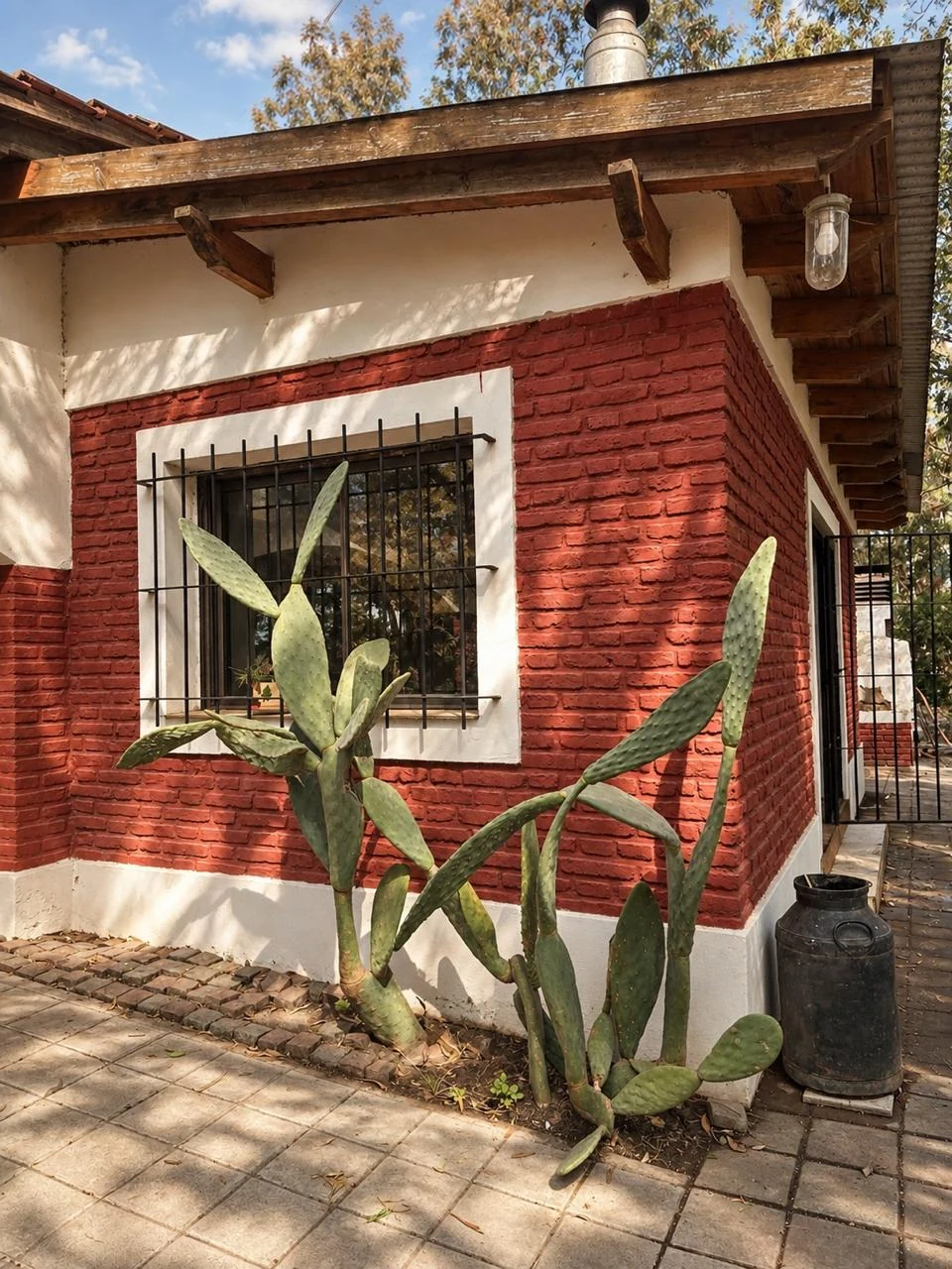 Plantas y cactus junto a la fachada de ladrillos de La Caldenia