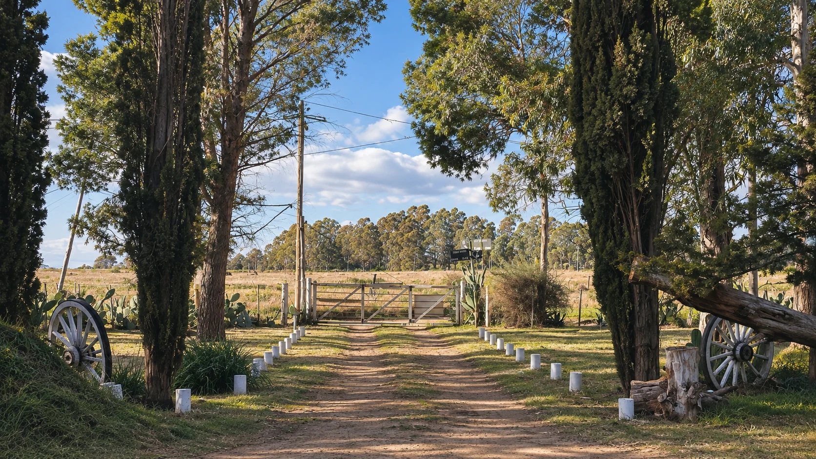 El camino de entrada a La Caldenia, entre árboles y ruedas de carro